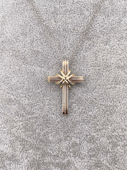Signature Kreuz Anhänger mit Kette - 925 Sterling Silber & 18K / 750er Gelbgold